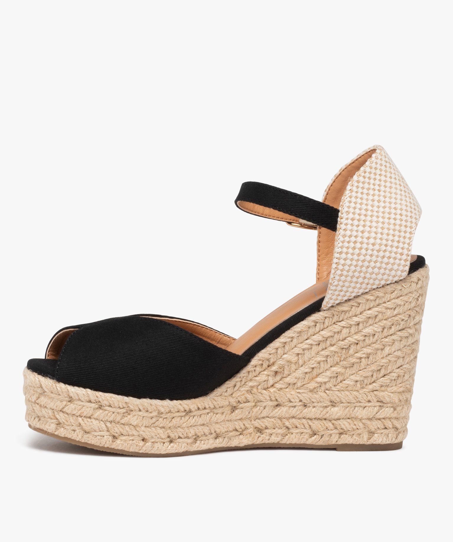 Sandales femme compensées dessus en toile unie noir | GEMO