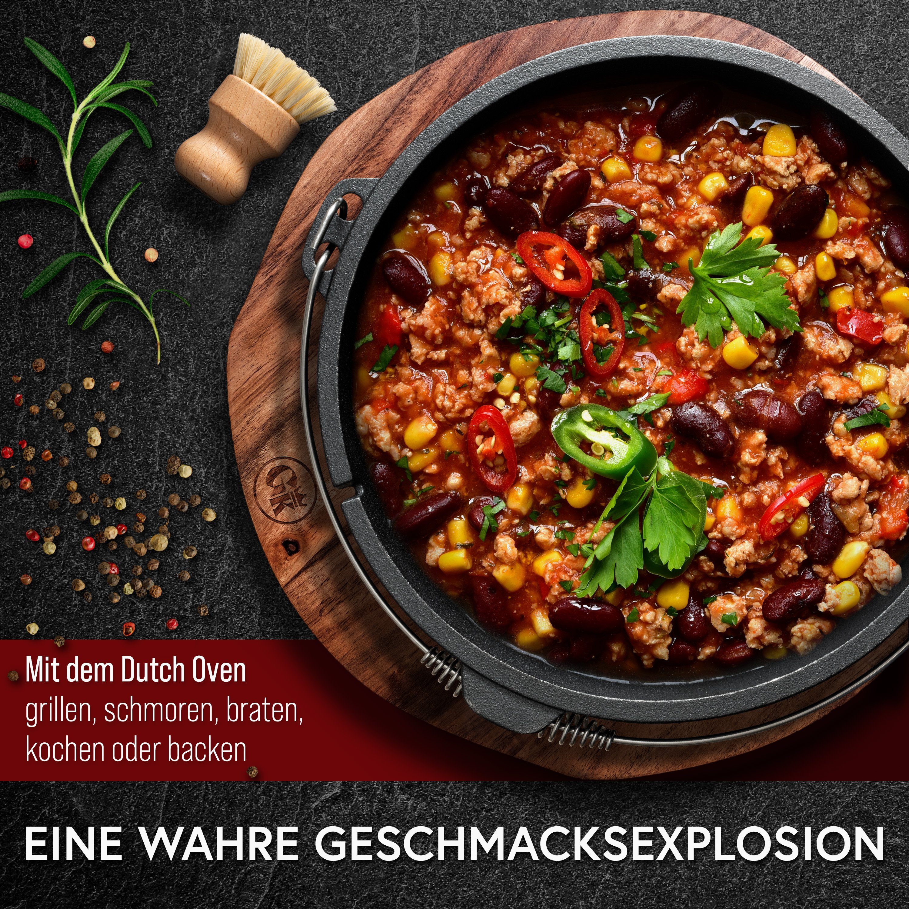GUSSKÖNIG Grilltopf GUSSKÖNIG Dutch Oven 9L Set: inklusive Deckelheber, Bürste, Rezeptbuch