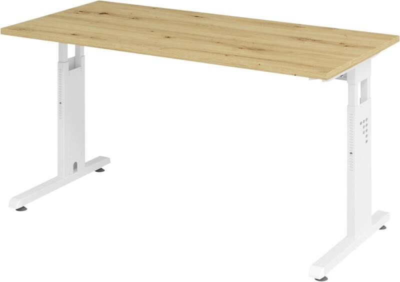 Hammerbacher Höhenverstellbarer gerader Schreibtisch mit C-Fuß Express Q Eiche, Weiß 1.400 x 672 x 685 - 810 mm