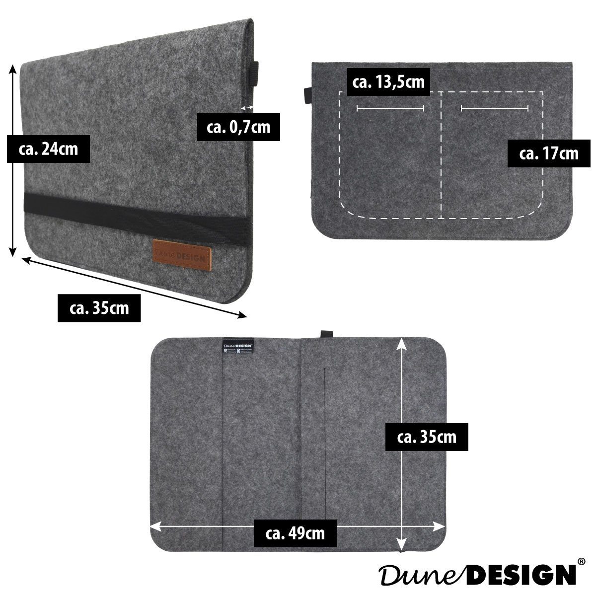 DuneDesign Tablettasche 13.3'' Filz Laptop-Tasche 35x24 cm Tablet Hülle, MacBook Pro Air iPad Net Grau
