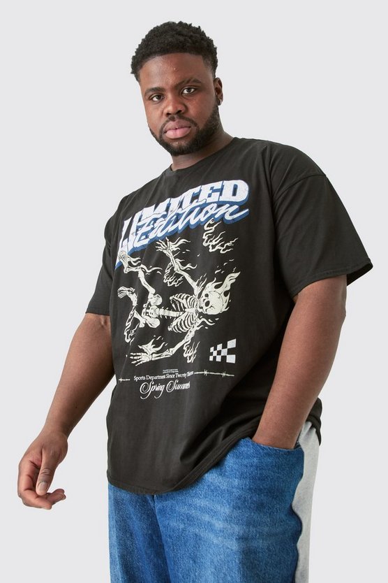 Plus Schwarzes Limited Edition T-Shirt mit Skelett-Print