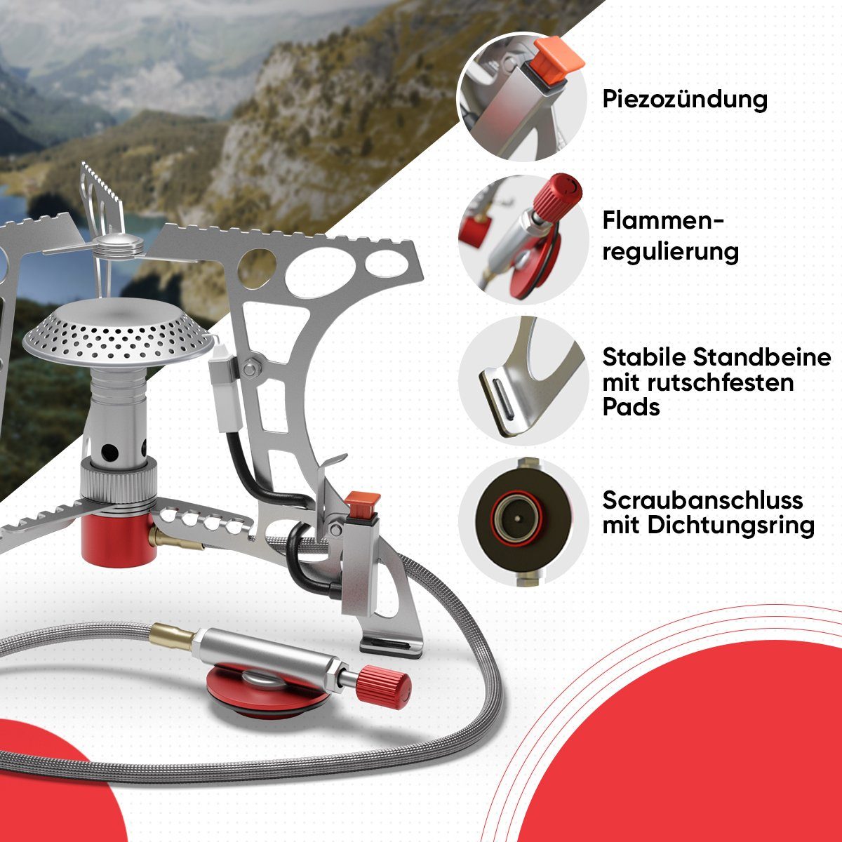 EVOCAMP Gaskocher Mini 3.2 kW mit Piezo-Zünder, ideal für Outdoor, Camping Stove, ohne Gaskartuschen