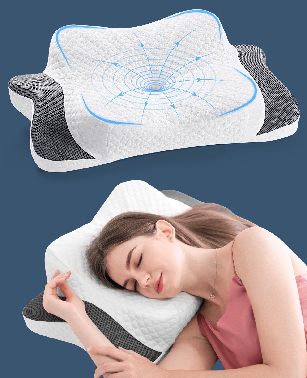 Nackenstützkissen 60X38cm Kopfkissen aus Memory Schaum, höhenverstellbare Schlafkissen, Elegear, Füllung: Memory-Foam, Rückenschläfer, Seitenschläfer, Bauchschläfer, gegen Nackenschmerzen