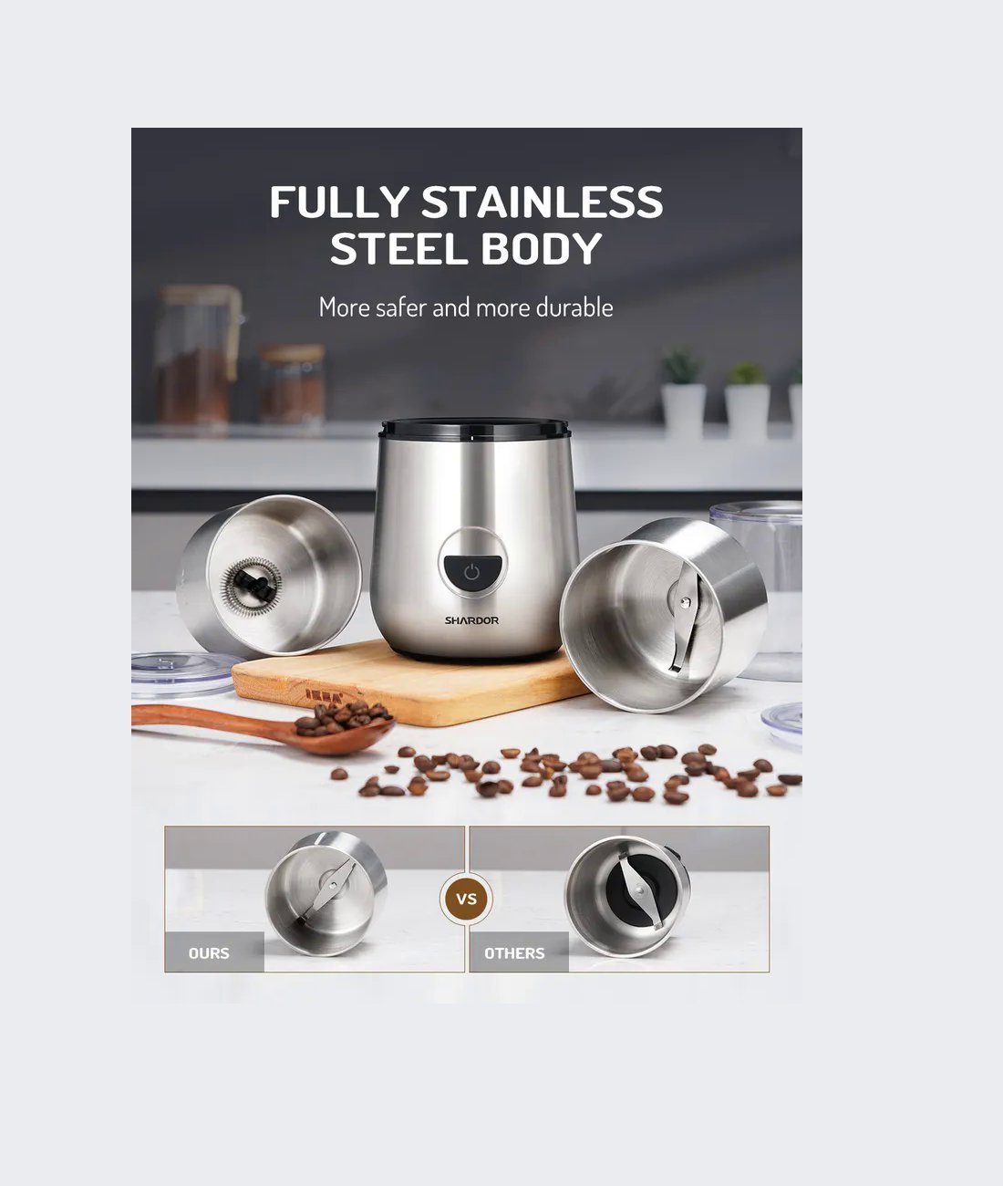Shardor Kaffeemühle Elektrische Kaffeemühle, 150 W, Milchaufschäumer, Mahlen von Kaffeebohnen o.ä., Stainless Steel