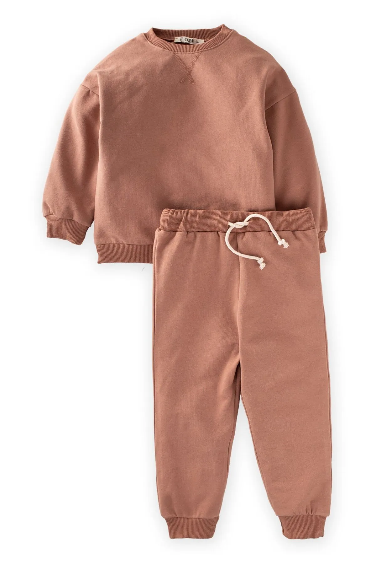 Cigit  Basic Karyoka Detailliertes Sweatshirt-Set, 3–8 Jahre, Hellbraun