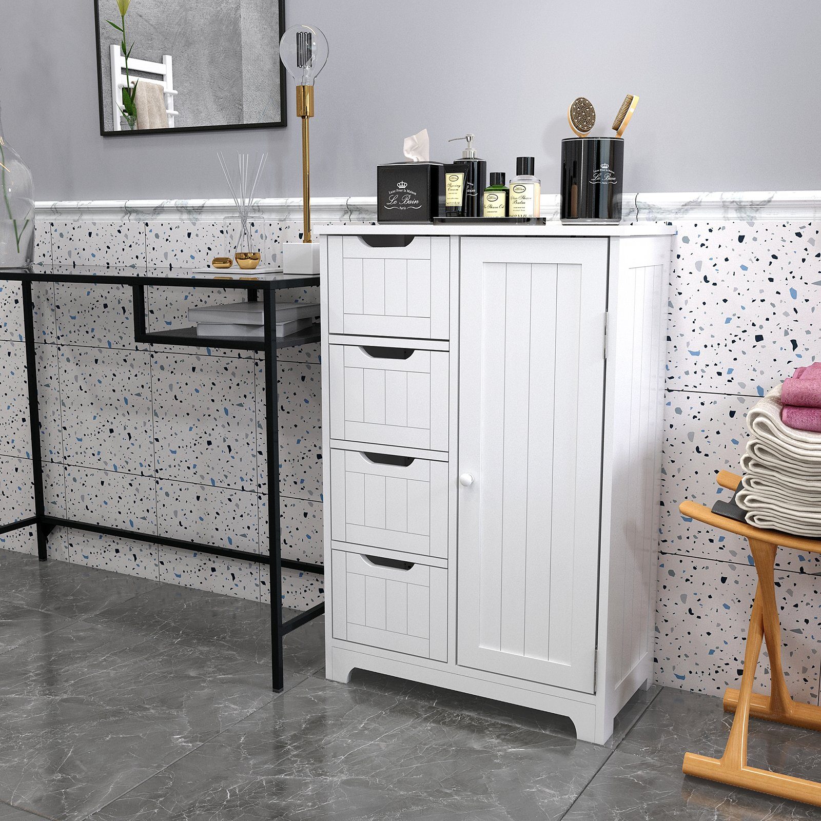 Mondeer Badkommode Badezimmerschrank, Wandkommode mit 4 Schubladen und 1 Tür, Verstellbar, Weiß