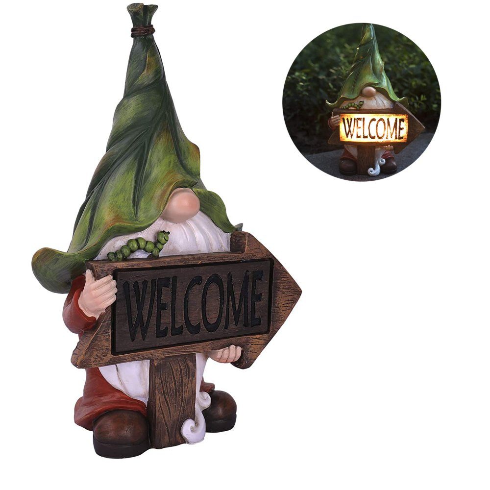 GelldG Gartenfigur Gartenzwerg mit Solarlicht, Wetterfeste Gartenfiguren
