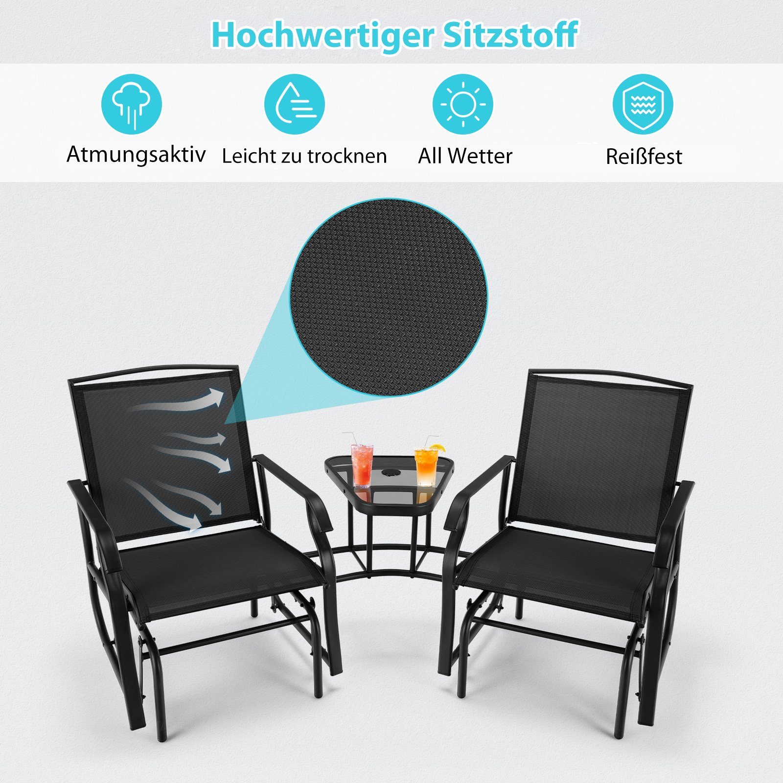 COSTWAY Balkonset, 2 Sitzer Schaukelstuhl, mit Tisch & Schirmloch, 150kg