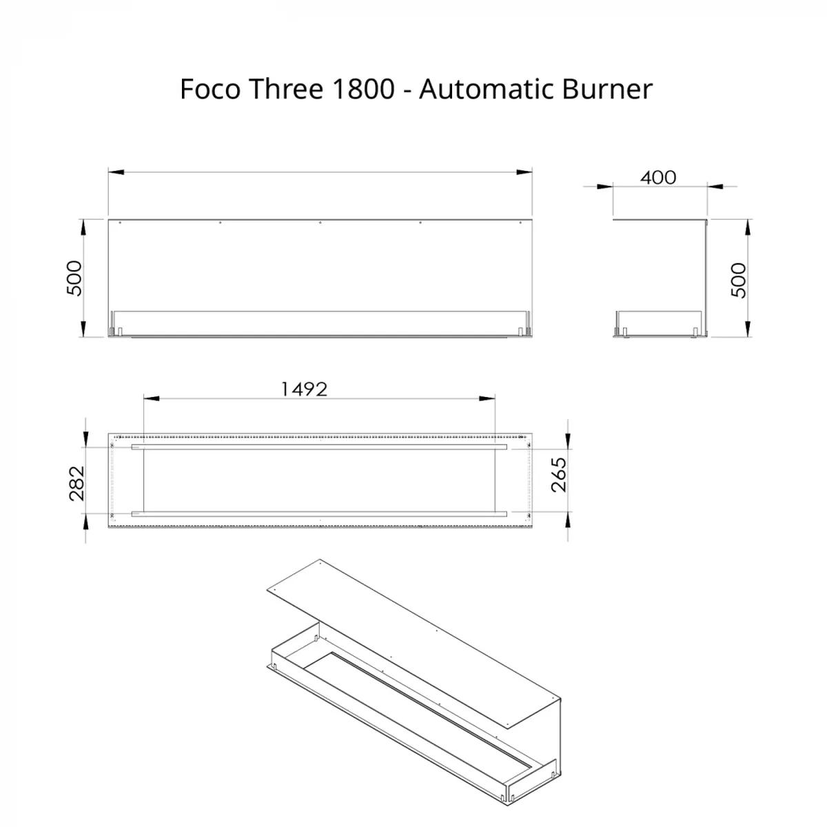 Foco Foco Three 1800, 3-seitiger Bioethanol-Einbaukamin, für Medien- und TV-Wände, verschiedene Brenner zur Auswahl von 13 kW   8,8 kW