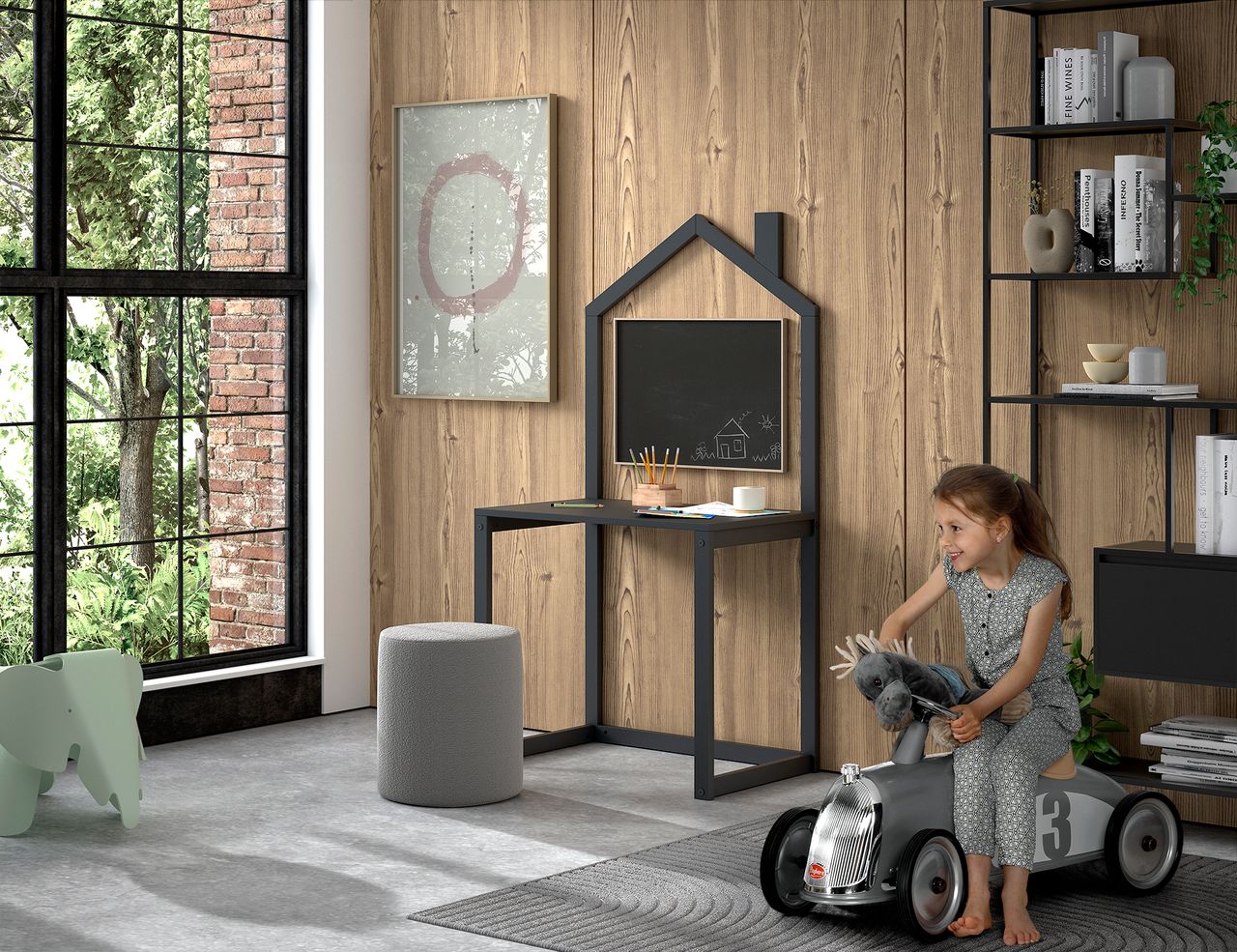 VIPACK DALLAS Kinderschreibtisch mit Haus-Optik aus massiver Kiefer, Anthrazit lackiert