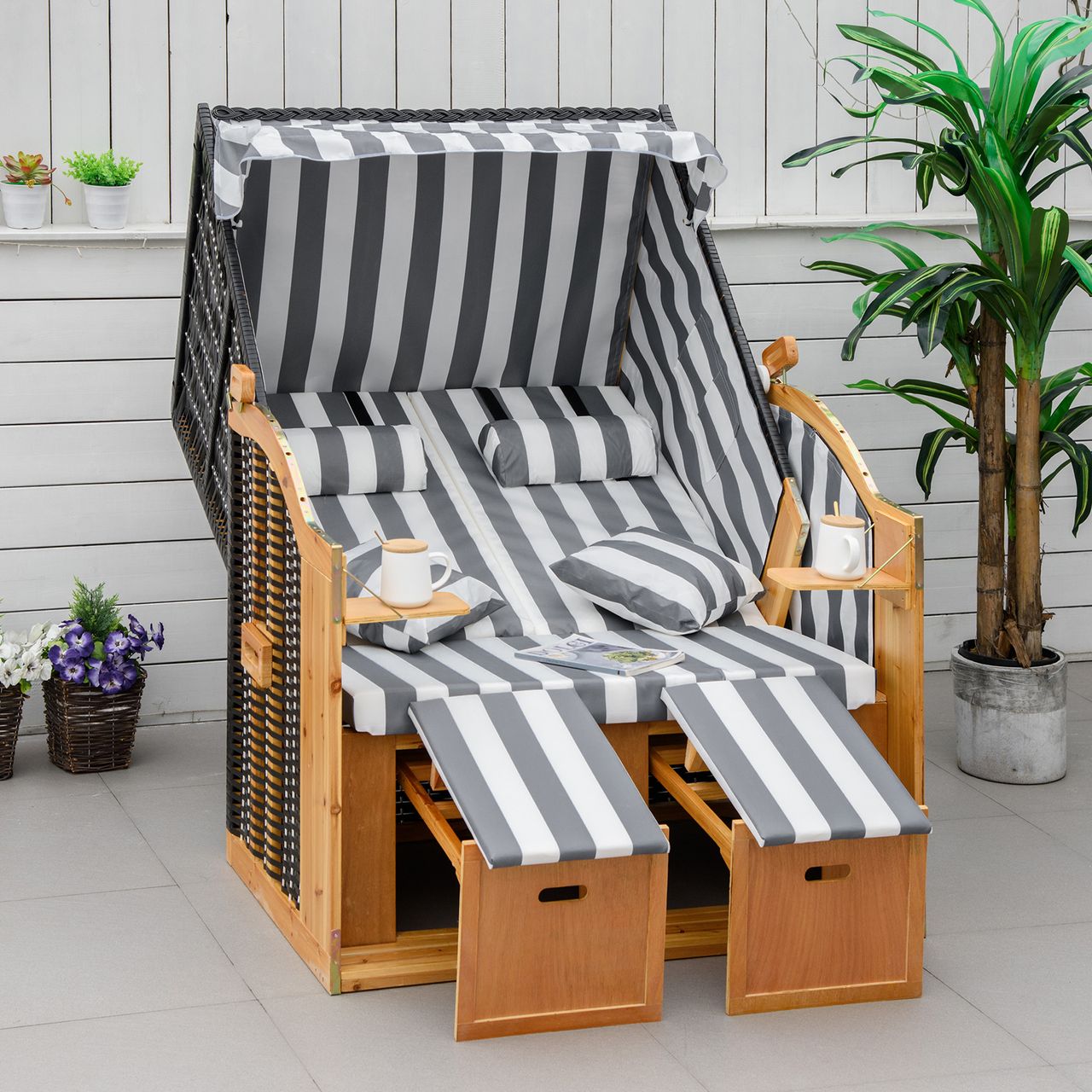 Outsunny Strandkorb Doppelte Sonnenliege mit Dach Doppelliege mit Getränkehaltern Chaiselongue 5-stufige Rückenlehne PE-Rattan Grau Weiß 118 x 79 x 150 cm