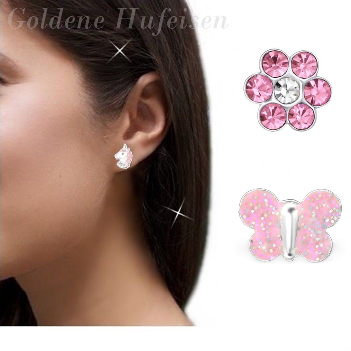 Goldene Hufeisen Ohrstecker-Set 3 Paar Set Ohrstecker Einhorn Schmetterling Blume Ohrringe 925 Silber (6-tlg, inkl. Etui), Emaille, Kristall