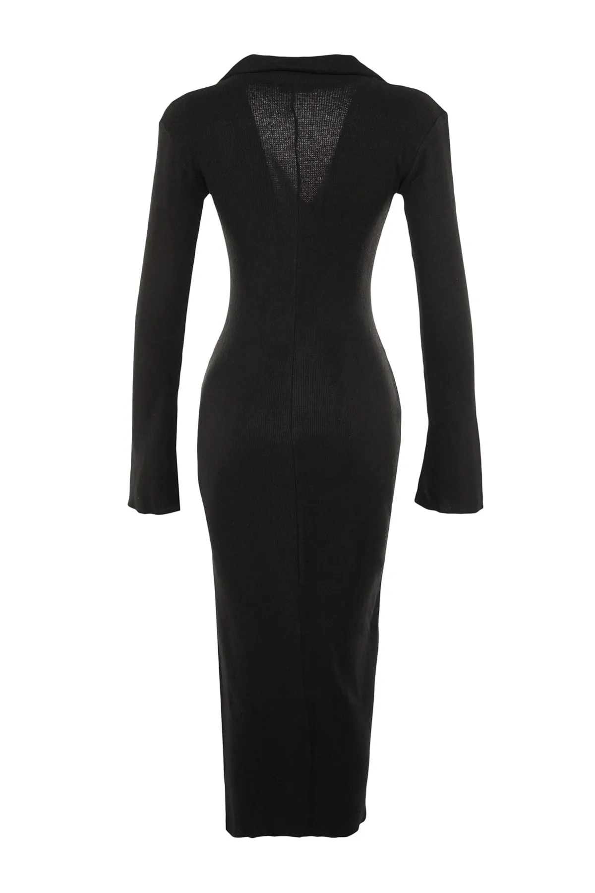 Trendyol Collection  Schwarzes, figurbetontes Maxi-Bleistiftkleid aus geripptem Strick mit Polokragen und Fake-Strick TWOAW23EL00164