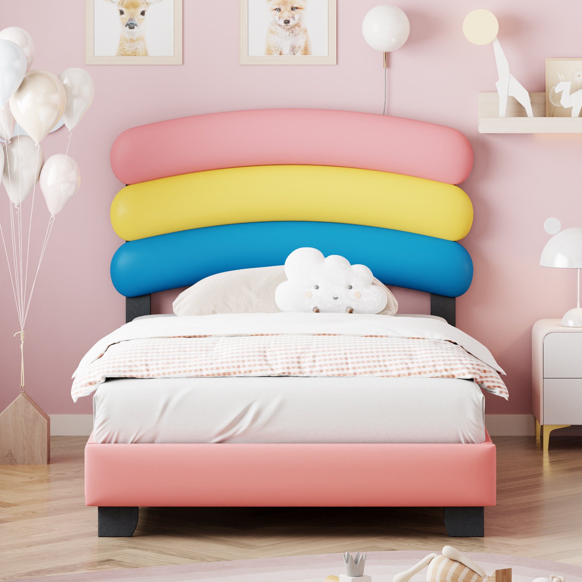 Flieks Polsterbett, Kinderbett Einzelbett mit Regenbogen Kopfteil 90x200cm Kunstlederbezug