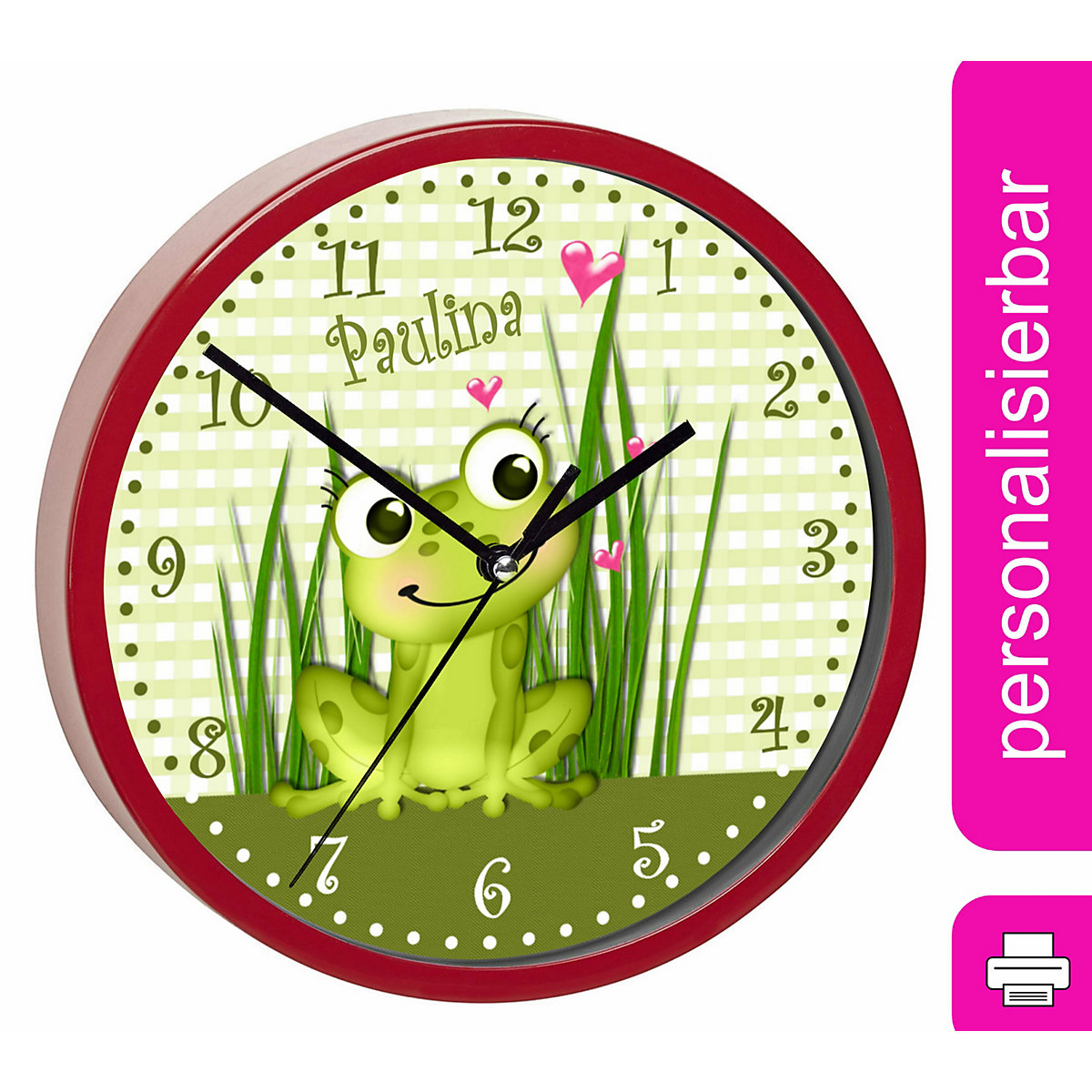 Kinder Wanduhr personalisiert mit Name Frosch-Graß-Karo