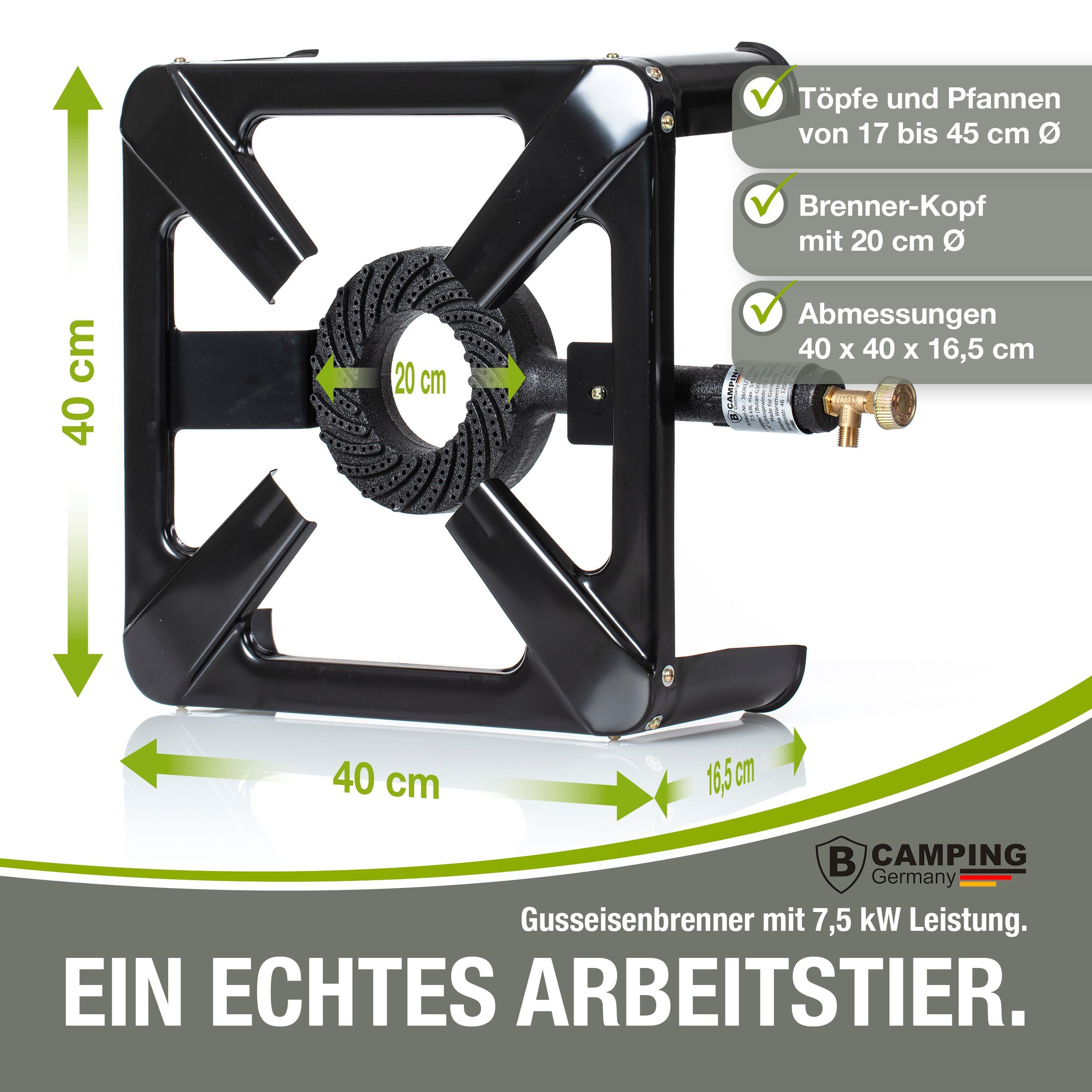bahama Gaskocher B CAMPING GERMANY® Gaskocher inkl. Gasschlauch mit Druckminder, 50 mbar - robuster Campingkocher leistungsstark 7,5 KW - Hockerkocher