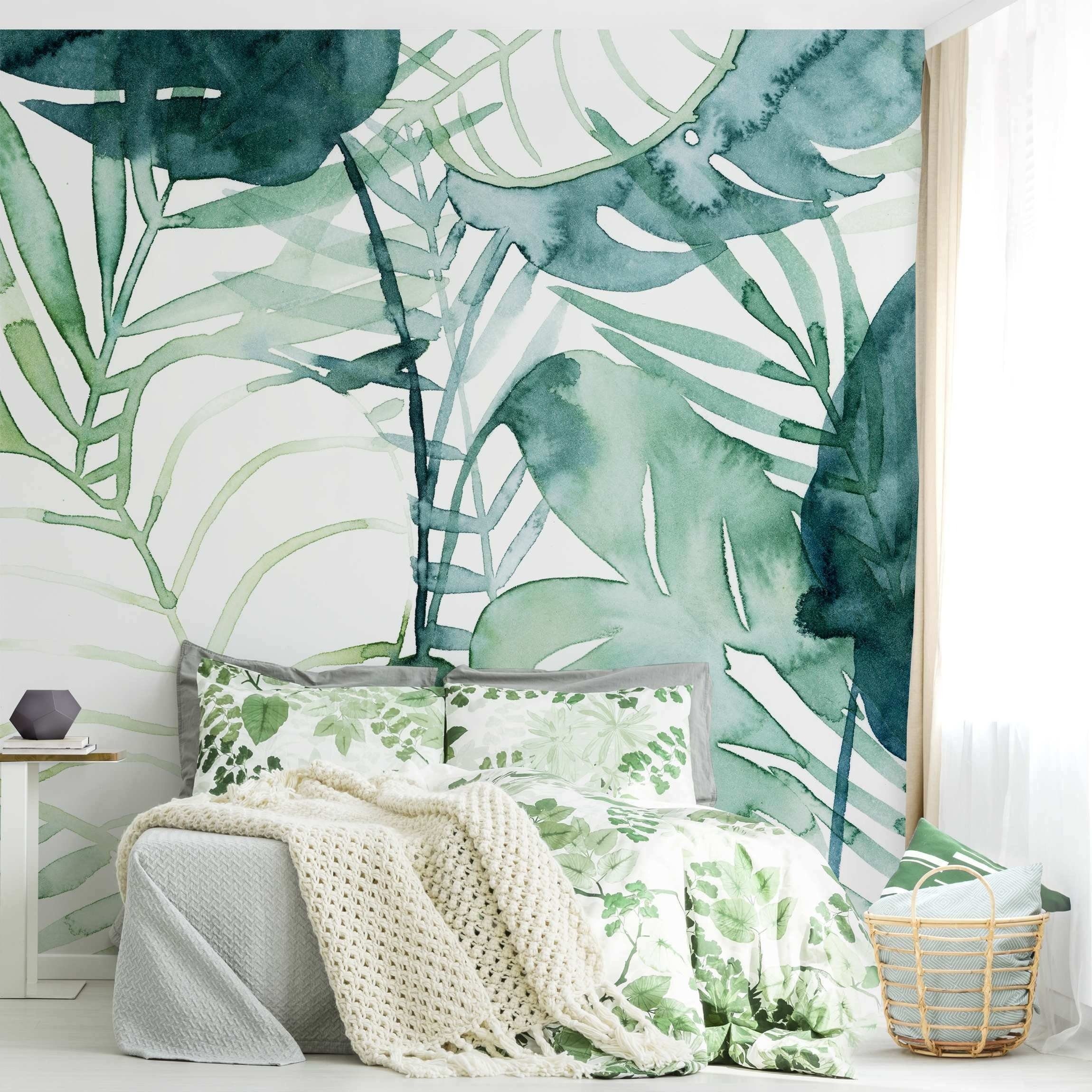 Bilderdepot24 Mustertapete Muster Palmwedel Wasserfarbe Aquarell Pastell Grün Tropical Natur, Glatt, Matt, (Inklusive Gratis-Kleister oder selbstklebend), Wohnzimmer Schlafzimmer Küche Flur gemusterte Vliestapete Wandtapete