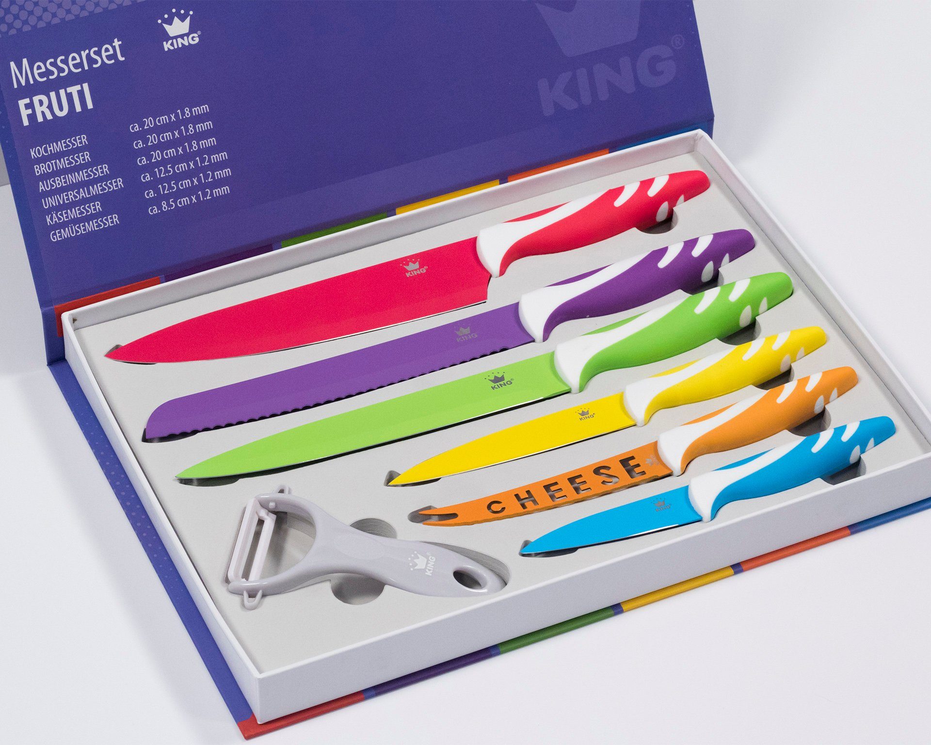KING Messer-Set FRUTI (Set, 6-tlg., arbenfroher Farbmix, mit Käsemesser), inklusive Schäler und mit speziellem Käsemesser