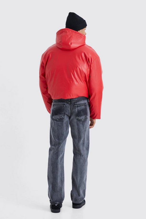 Kastige gepolsterte PU-Steppjacke mit Kapuze
