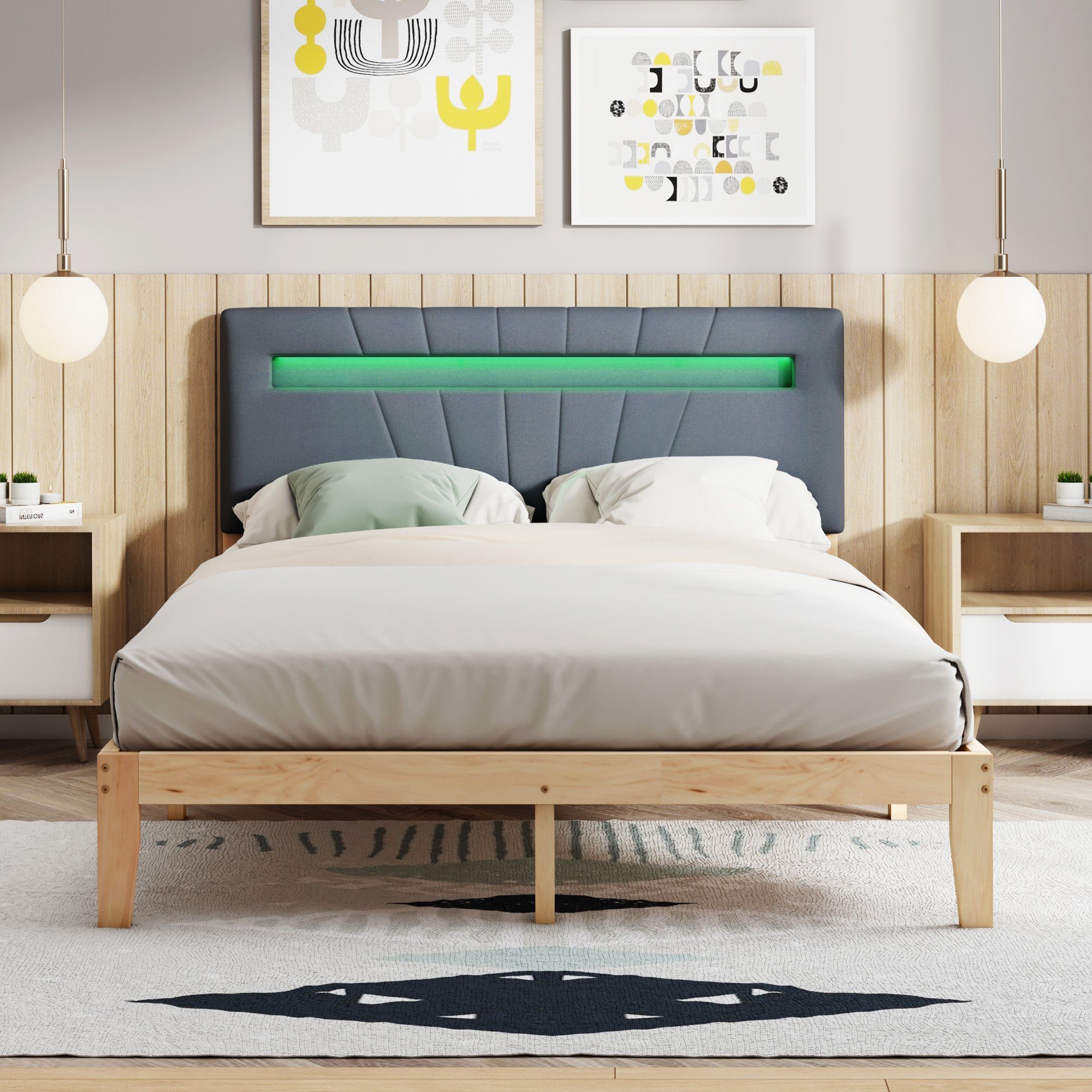 HAUSS SPLOE Holzbett Doppelbett Holzbett Bettrahmen Kinderbett Polsterbett (aus Massivholz Mit Matratze, mit LED-Lichtleiste 140x200 cm)