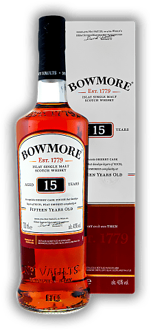 Bowmore 15 Years Sherry Cask Finished Bowmore 15 Years Sherry Cask Finished In amerikanischen Bourbon Fässern gereift mit einem Finish Oloroso Sherry Fässern. Alter 15 J. - 0,7	 Liter - Vol 43%