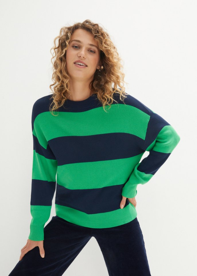 Rundhals-Feinstrickpullover mit Blockstreifen