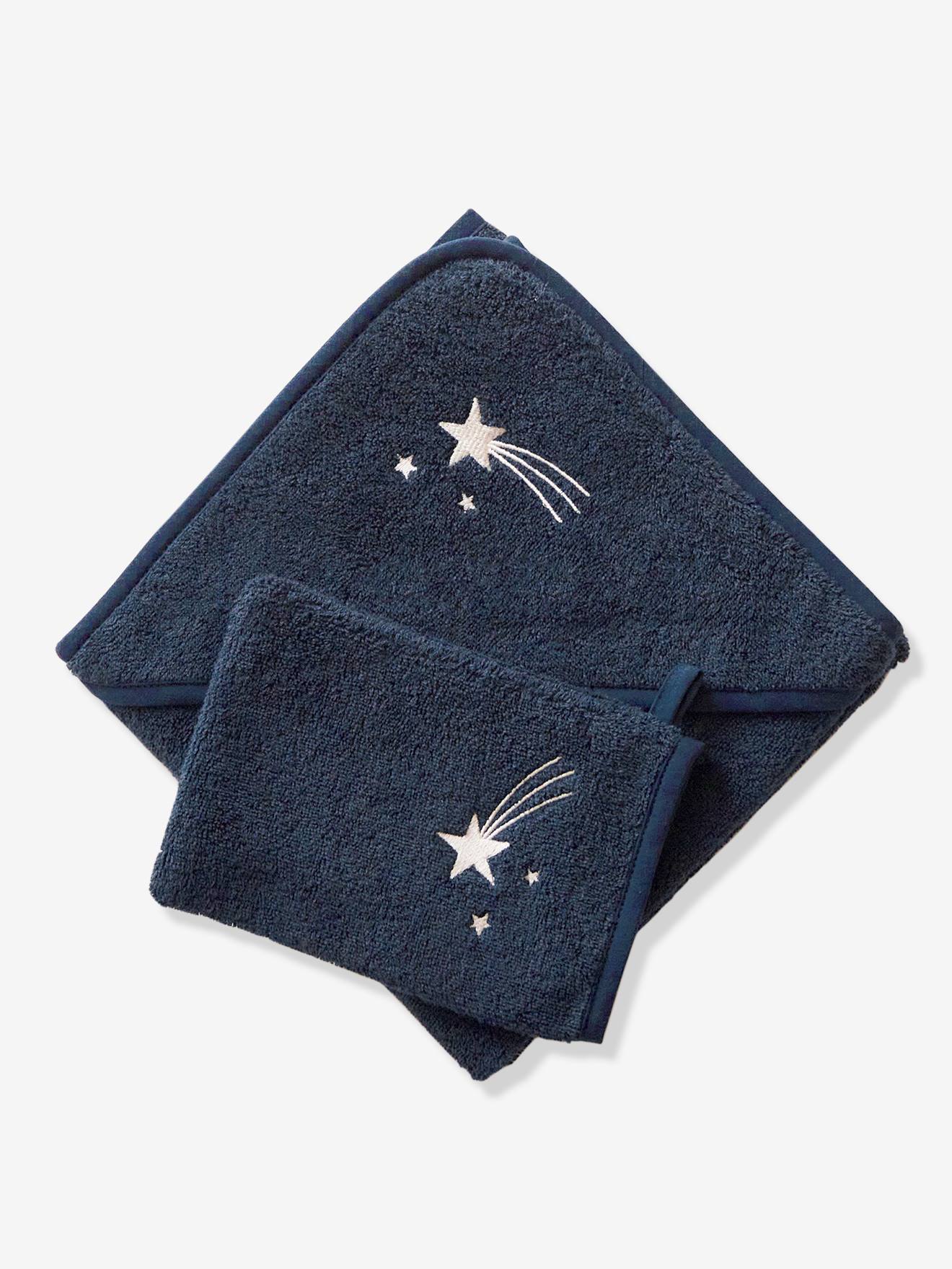 Vertbaudet Baby Kapuzenbadetuch & Waschhandschuh Oeko-Tex, personalisierbar - blau