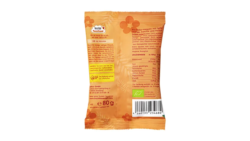 FRUCHTBAR Pausenfreund Bio-Hafer-Happen Mango, Karotte, Pfirsich 80 g