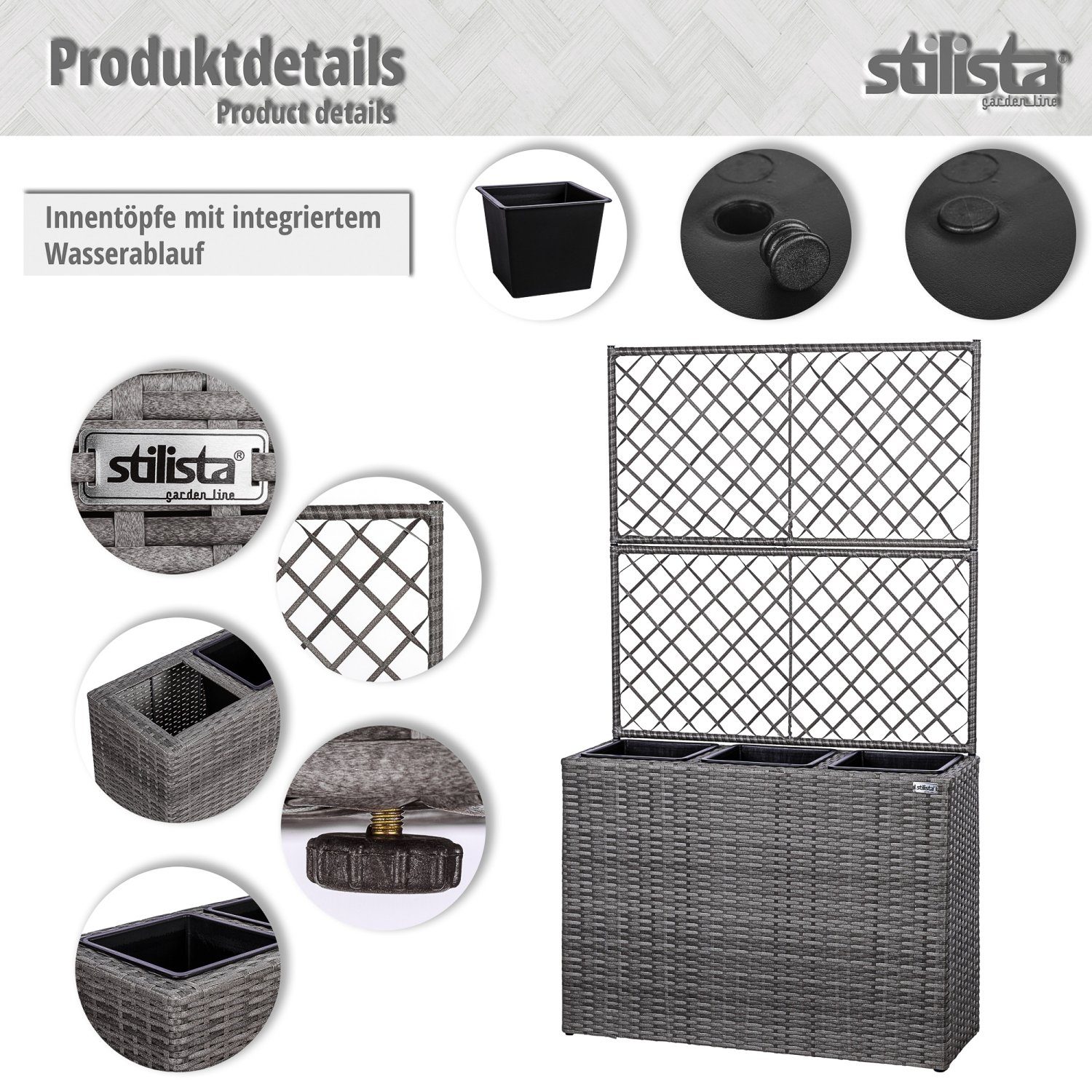 STILISTA Pflanzkübel Polyrattan Pflanzkasten Blumentopf Blumenkasten, 130 x 84 x 29 cm, 3 herausnehmbare Innentöpfe, Rankgitter, Farbwahl