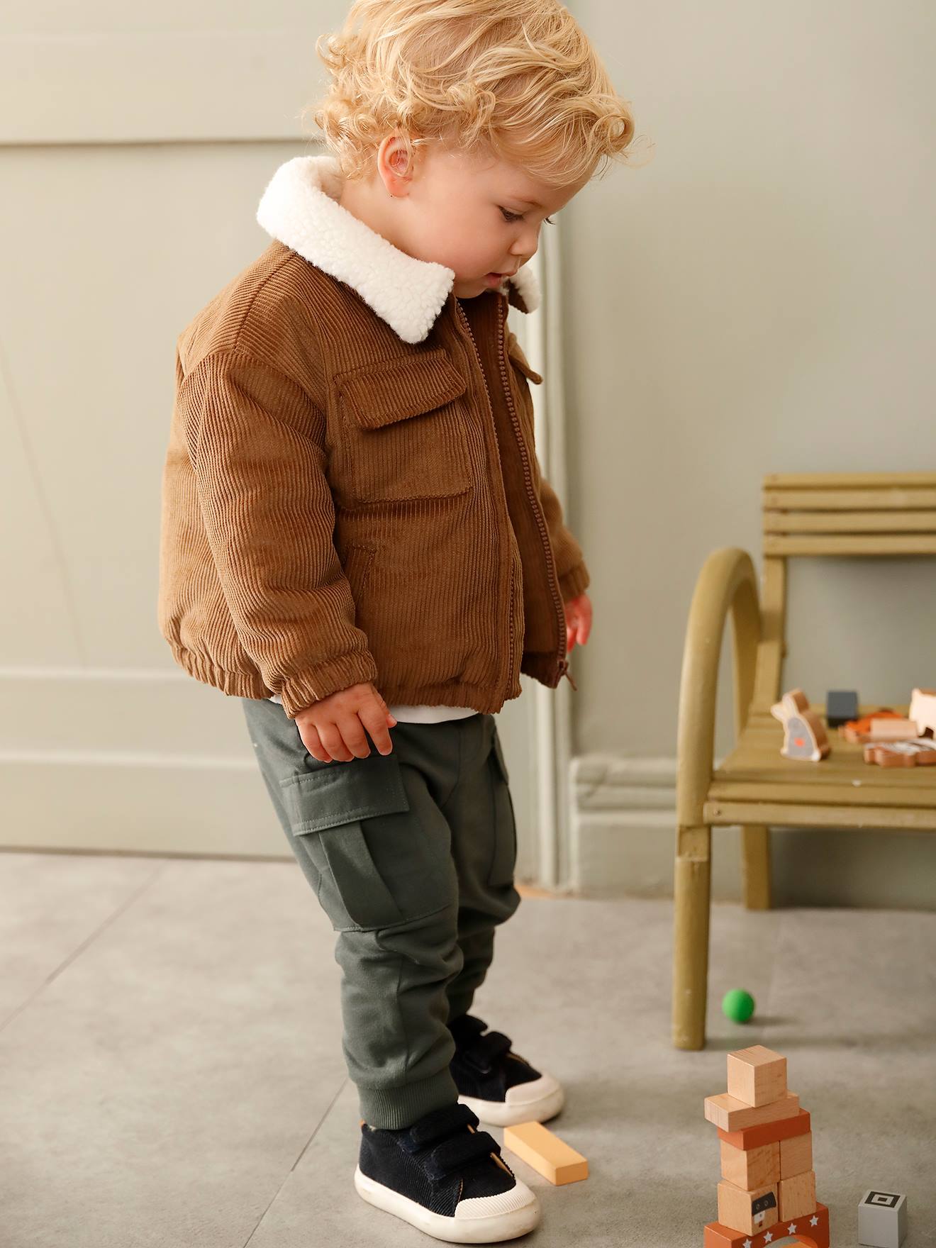 Blouson en velours côtelé bébé doublée sherpa noisette