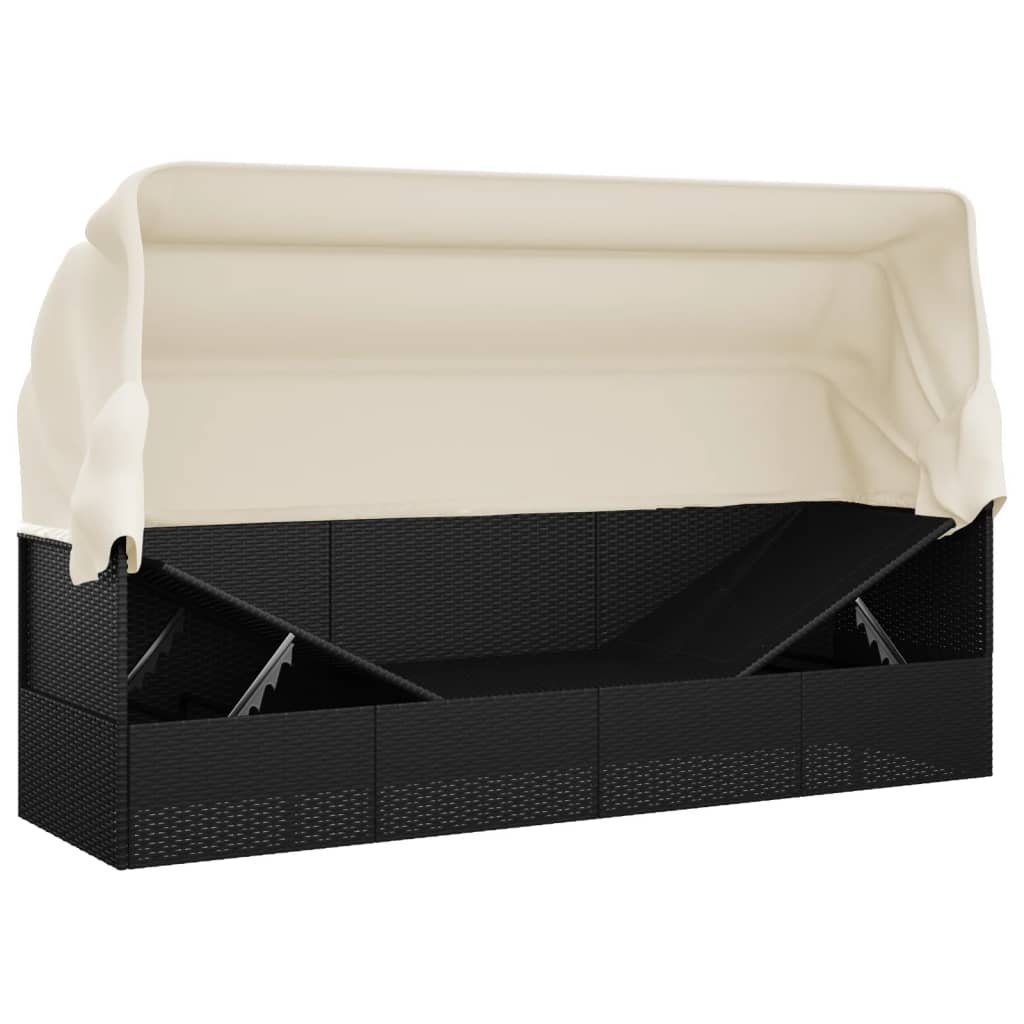 vidaXL Gartenliege Outdoor-Loungebett mit Dach und Kissen Schwarz Poly Rattan, 1 St.