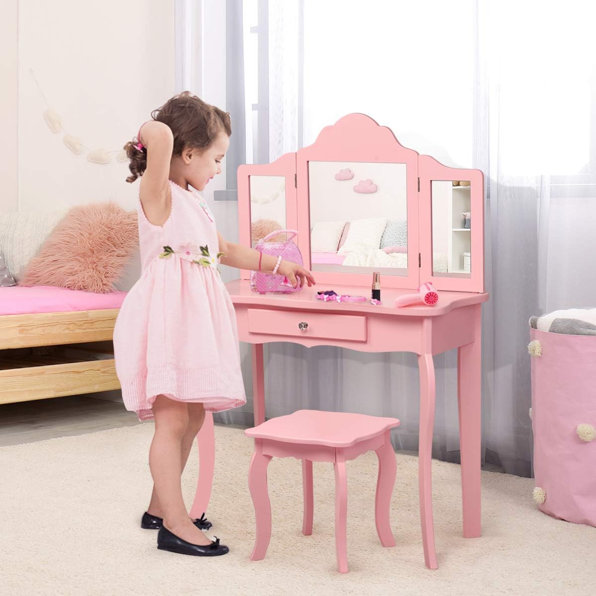 Costway Kinder Schminktisch mit Hocker und Abnehmbarer Spiegel