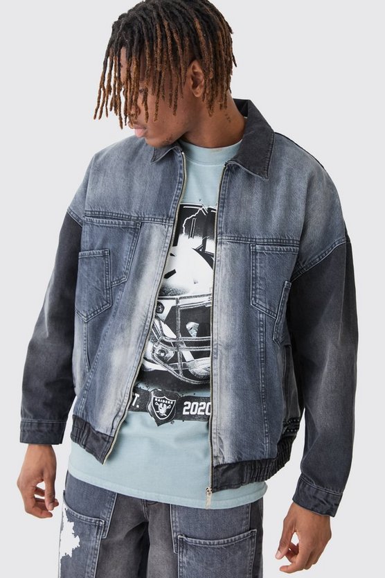 Oversize Nfl Raiders Jeansjacke mit Reißverschluss und gespleißter Applikation