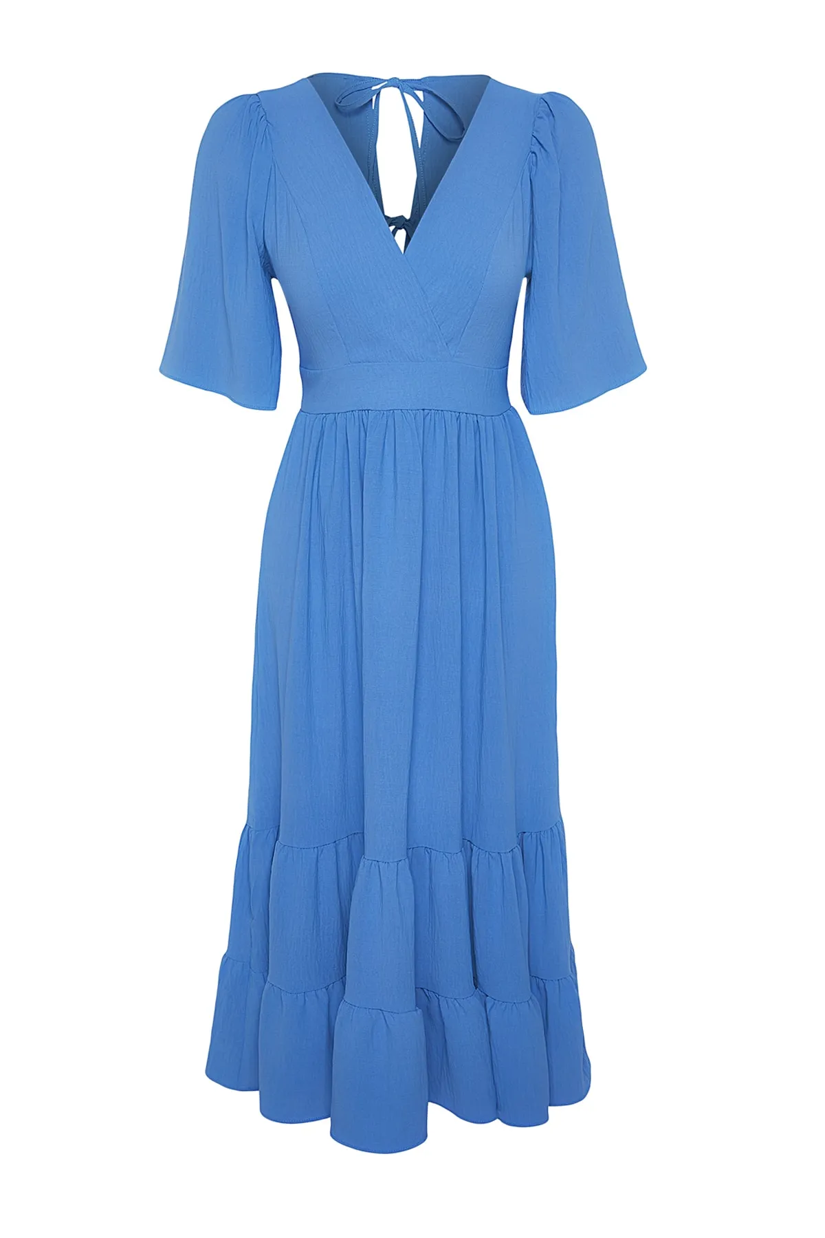 Trendyol Collection  Indigofarbenes, gewebtes, zweireihiges, gewebtes Midikleid mit Kragen hinten und detailliertem Gürtel TWOSS23EL02164