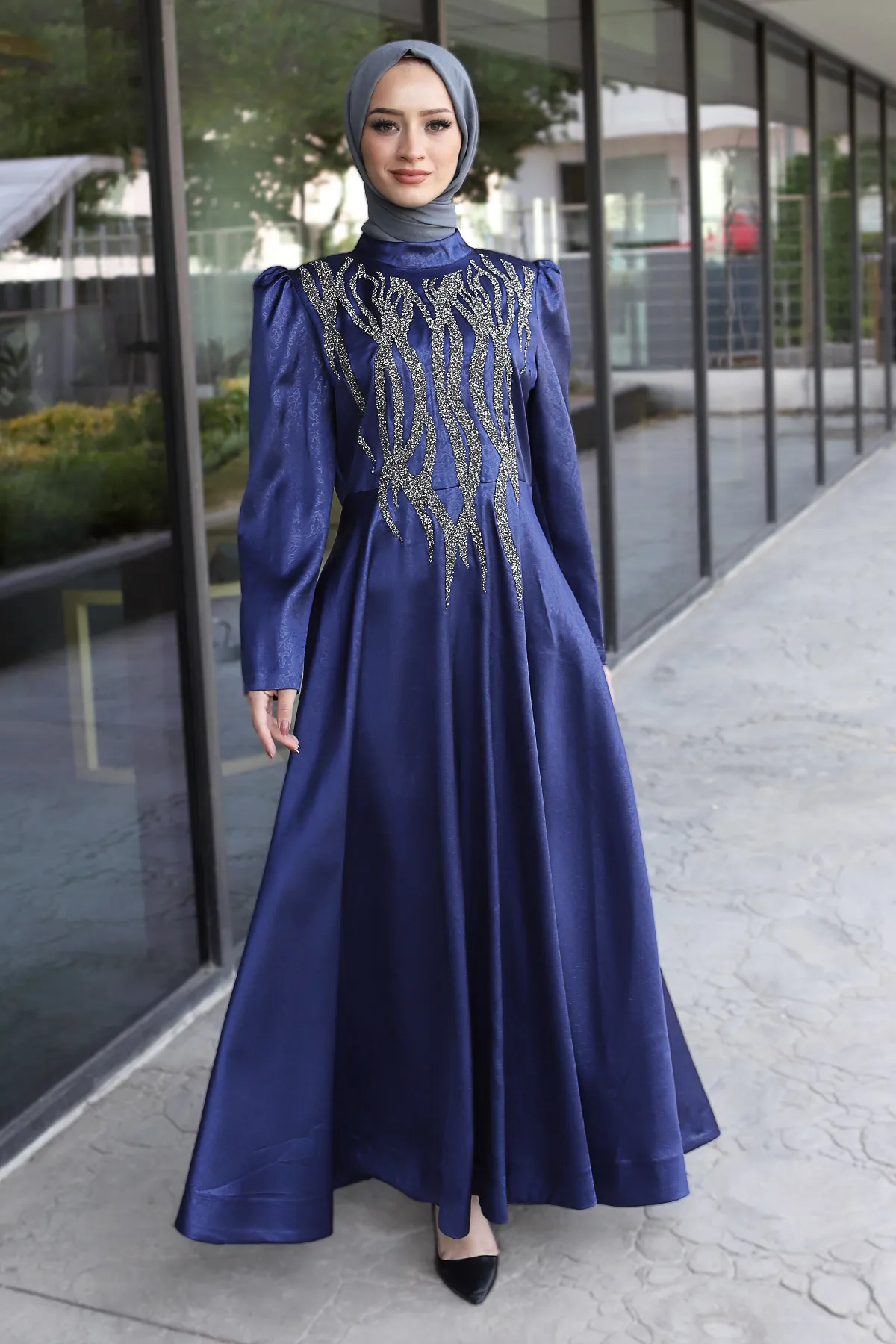 Tesettür Dünyası  Abendkleid mit Pailletten vorne und detaillierten Details Tsd220544 Indigo
