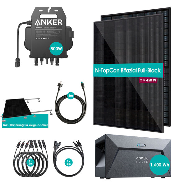 Bifaziales Balkonkraftwerk 900W / 800W inkl. Speicherbatterie und Wandhalterung für Ziegeldächer