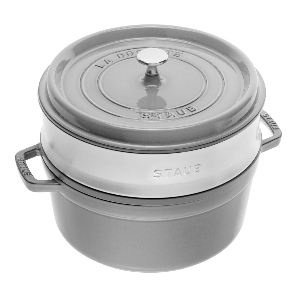 Cocotte mit Dämpfeinsatz 26 cm, rund, Graphit-Grau, Gusseisen