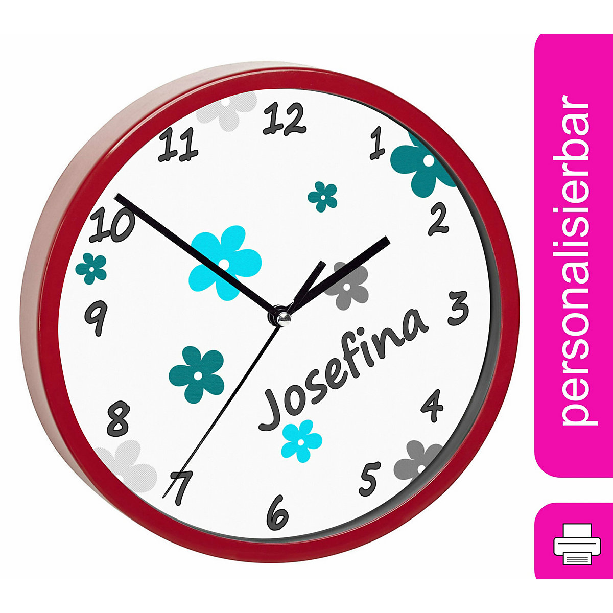 Kinder Wanduhr personalisiert mit Name Blumen Türkis