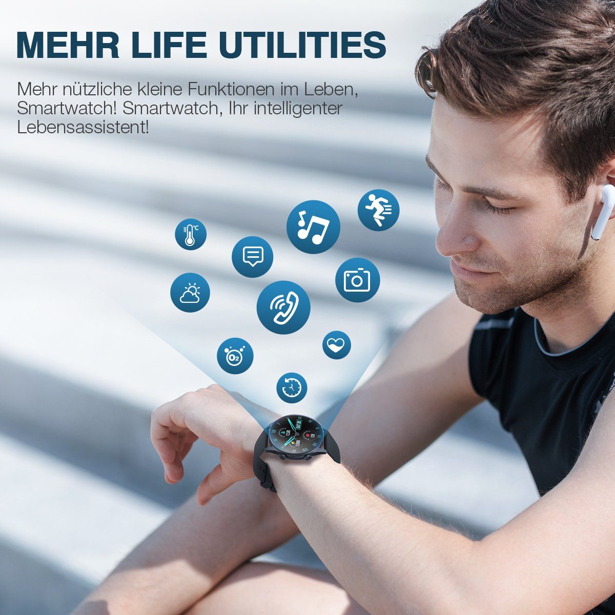 ombar Damen Herren Smartwatch mit Telefonfunktion,1,32 Zoll runde Armbanduhr Smartwatch (1.32 Zoll), mit 8 Sportmodi, Herzfrequenz, Schrittzähler, Schlafmonitor