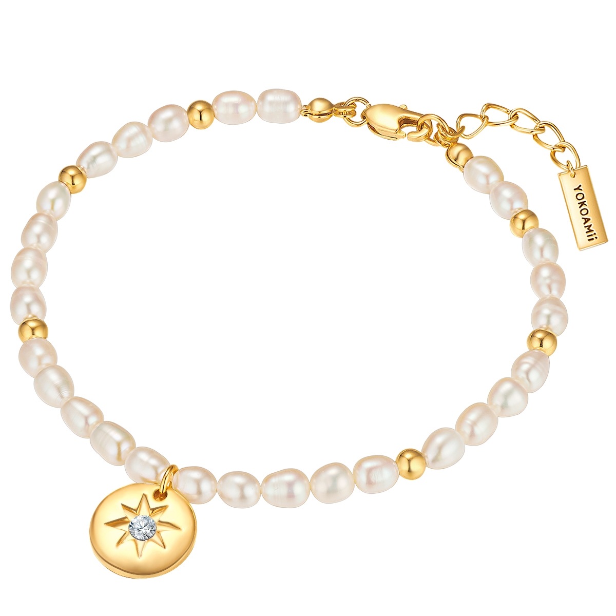Armband Metall Zirkonia Süßwasser-Zuchtperle in Gelbgold