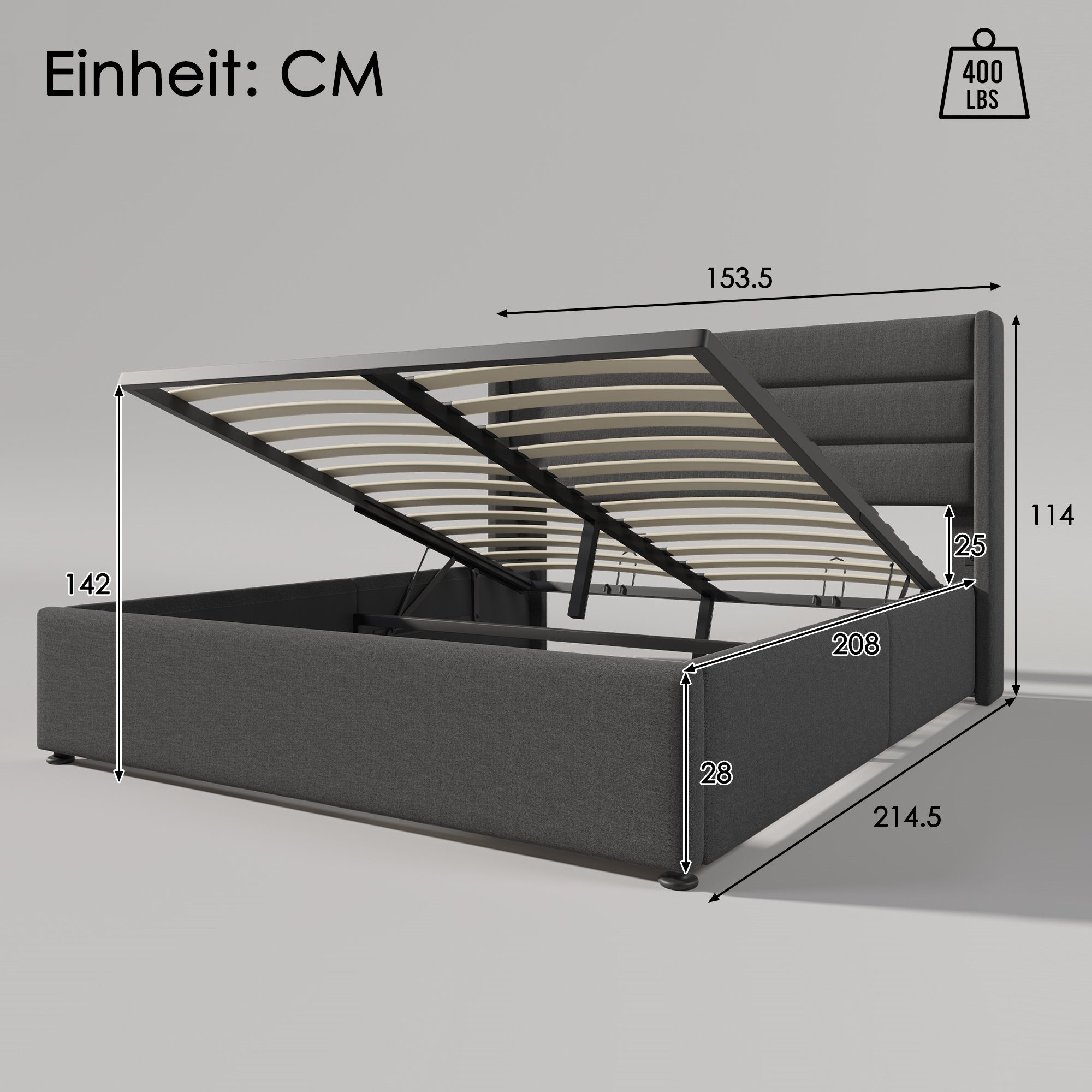 PHOEBE CAT Boxspringbett (Funktionsbett, Doppelbett Hydraulisches Bett mit Lattenrost), Polsterbett Stauraumbett 140x200 cm, Lattenrost aus Holz, Leinen