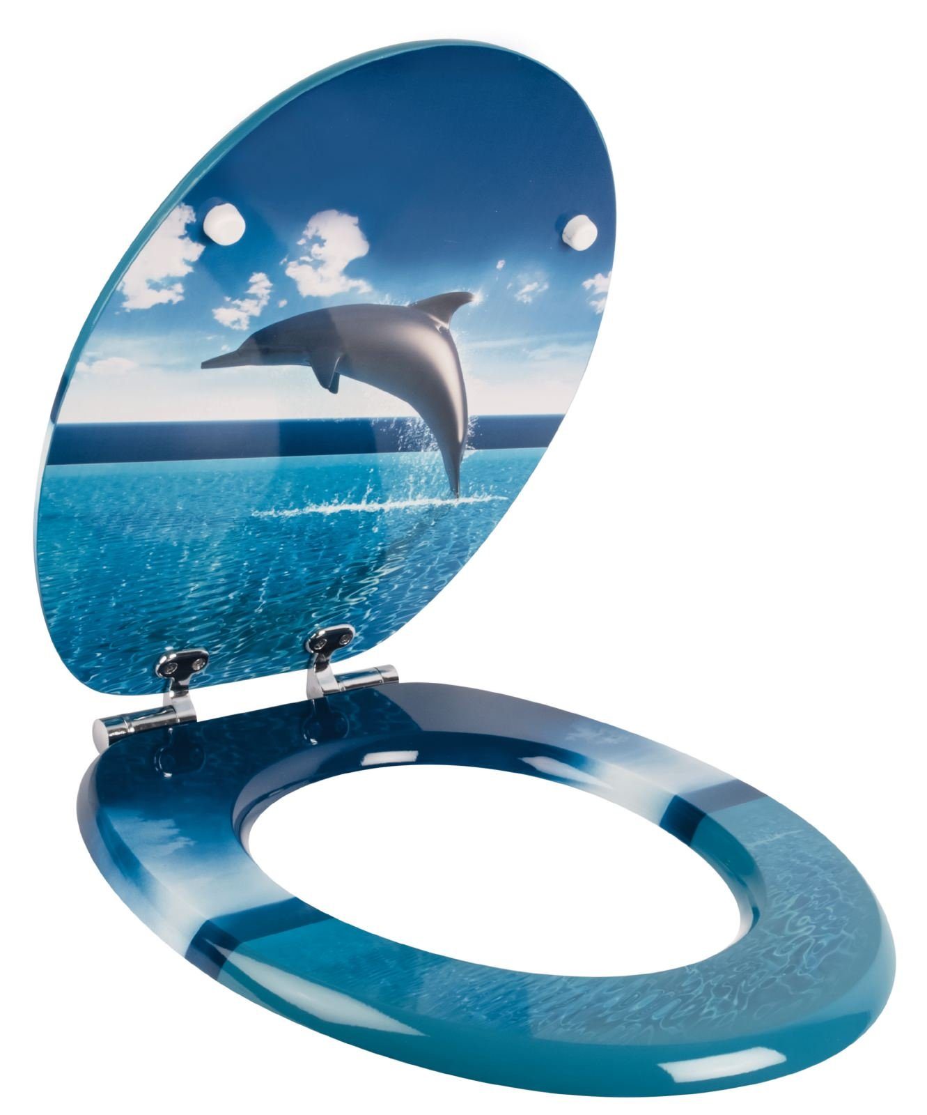 Calmwaters WC-Sitz Motiv Delfine & Fische , Motiv Delfin, Holzkern, Absenkautomatik, Montage von unten, 26LP2835