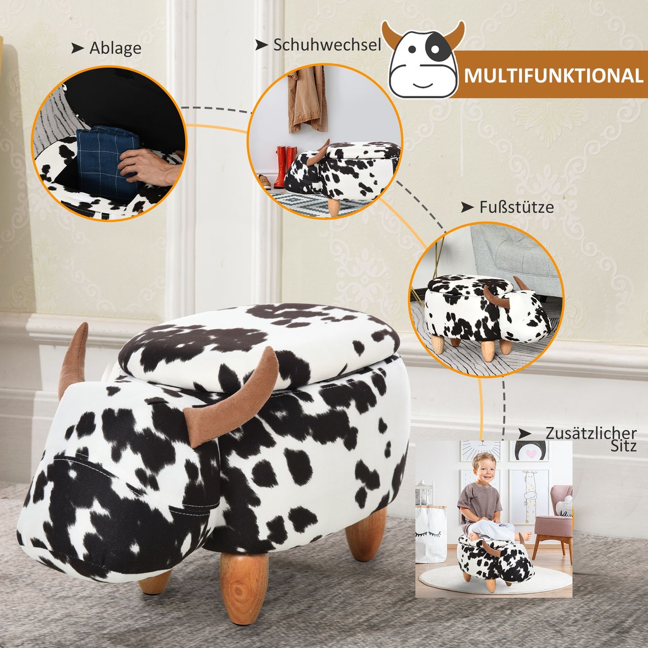 HOMCOM Tierhocker, Dekohocker mit Stauraum, Polsterhocker, Sitzhocker, Sitzbank mit Tier-Design, für Wohnzimmer, Schweinchen Fußbank, Schwarz Weiß, 62 x 35 x 36 cm