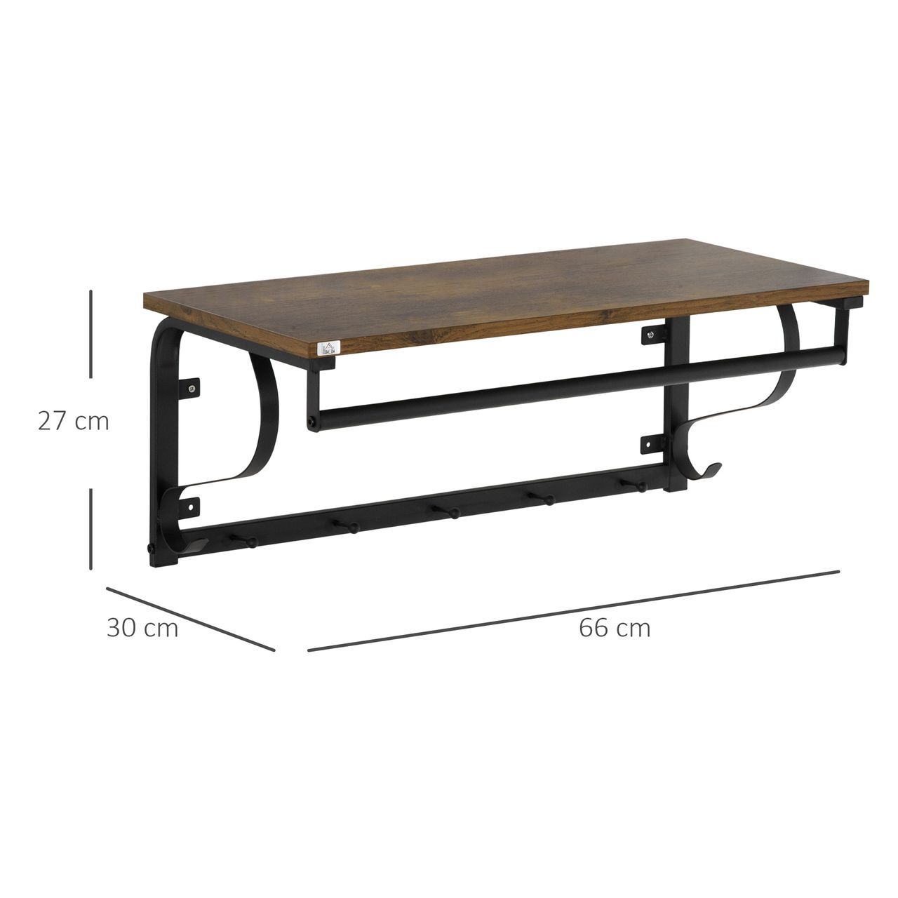 HOMCOM Wandregal Hängeregal mit 5 Haken Garderobenregal für Wohnzimmer Badezimmer Industrial Stil Stahl Holz Braun Schwarz 66 x 30 x 27 cm
