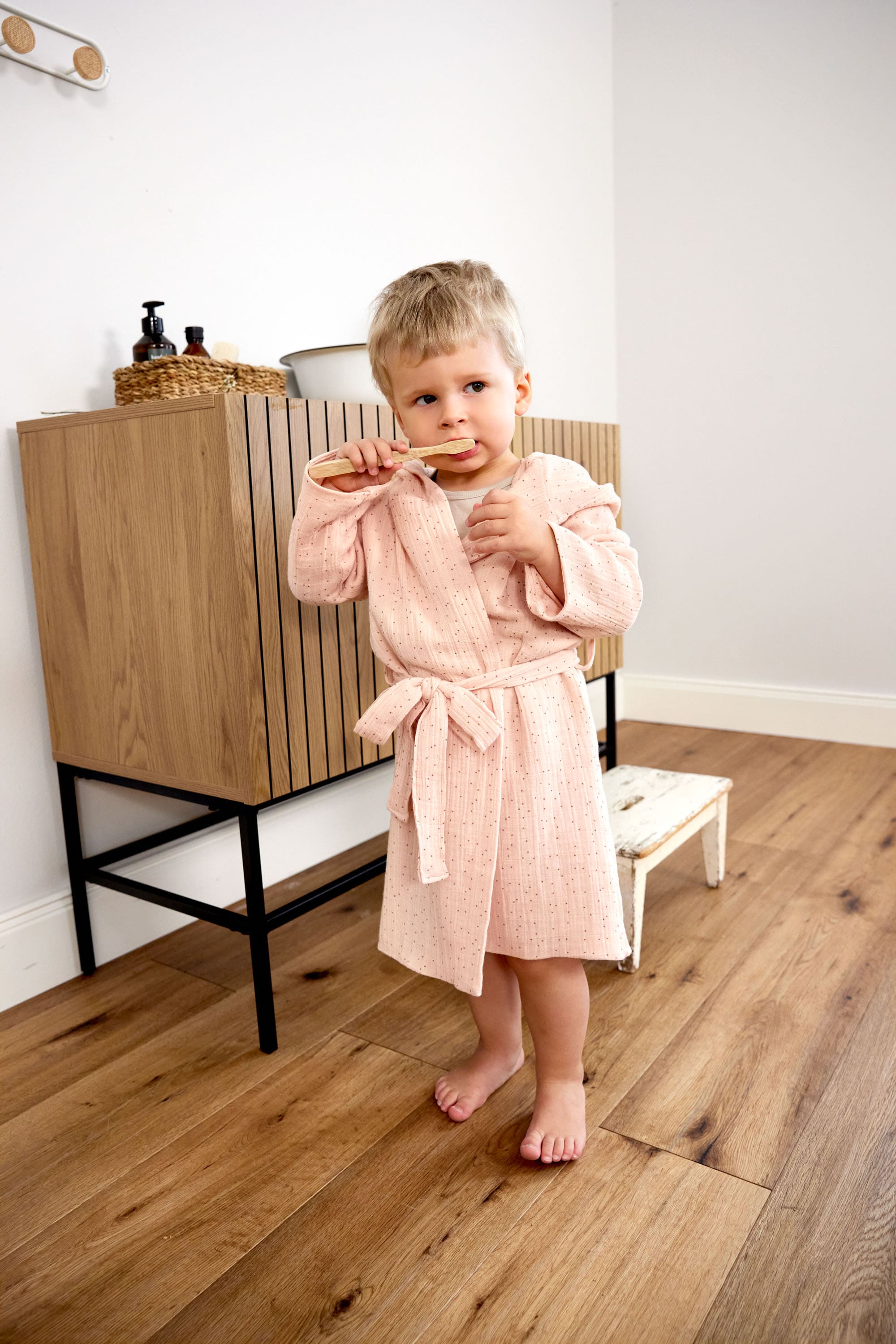 Bademantel Kinder aus Musselin - Punkte, Rosa