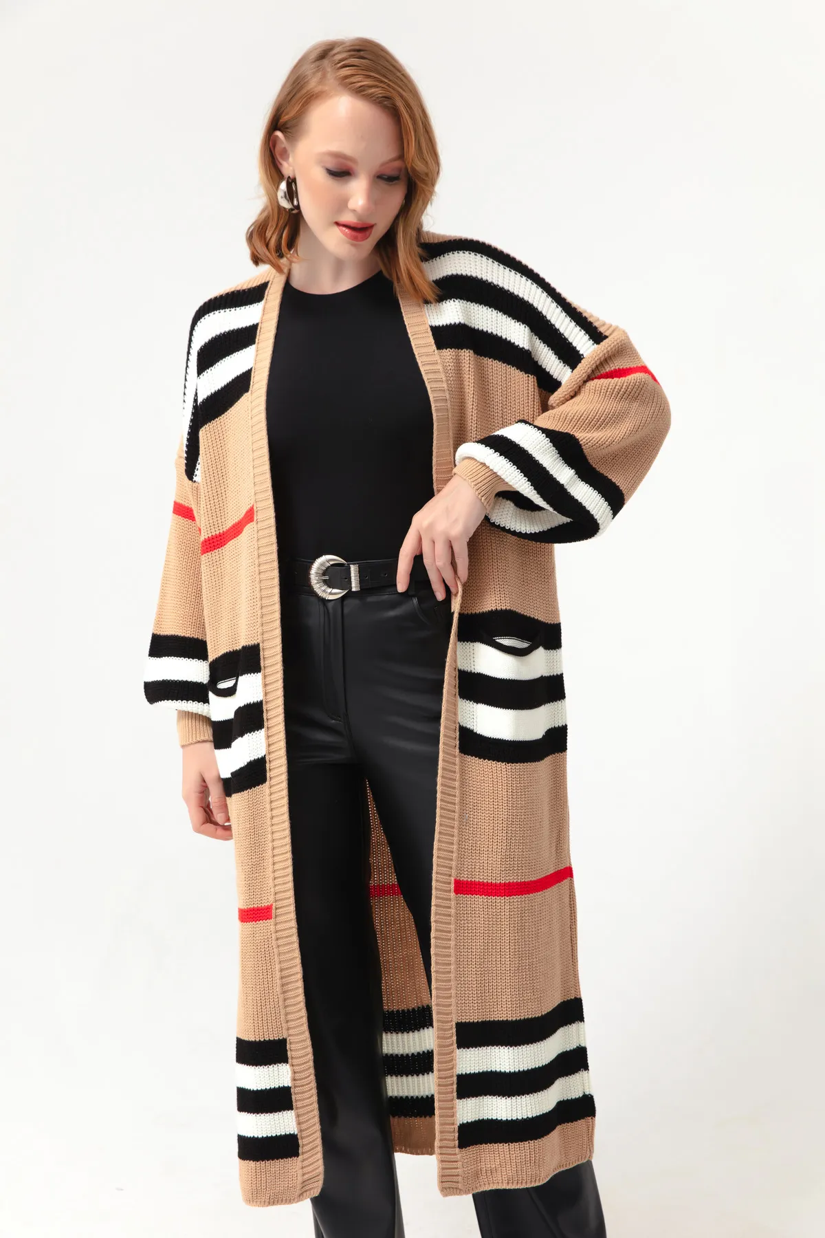 Lafaba  Hellbraun-schwarzer, langer Strick-Cardigan mit Ballonärmeln für Damen