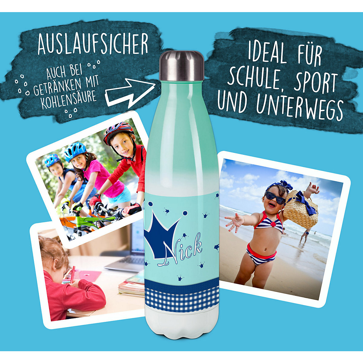 Edelstahl Kinder Thermoflasche / Trinkflasche bunt Krone Farbe hellblau blau Spülmaschinenfest, Auslaufsicher, Bruchfest, Doppelwandig, Für Heißgetränke geeignet, Mit Deckel, Isoliert