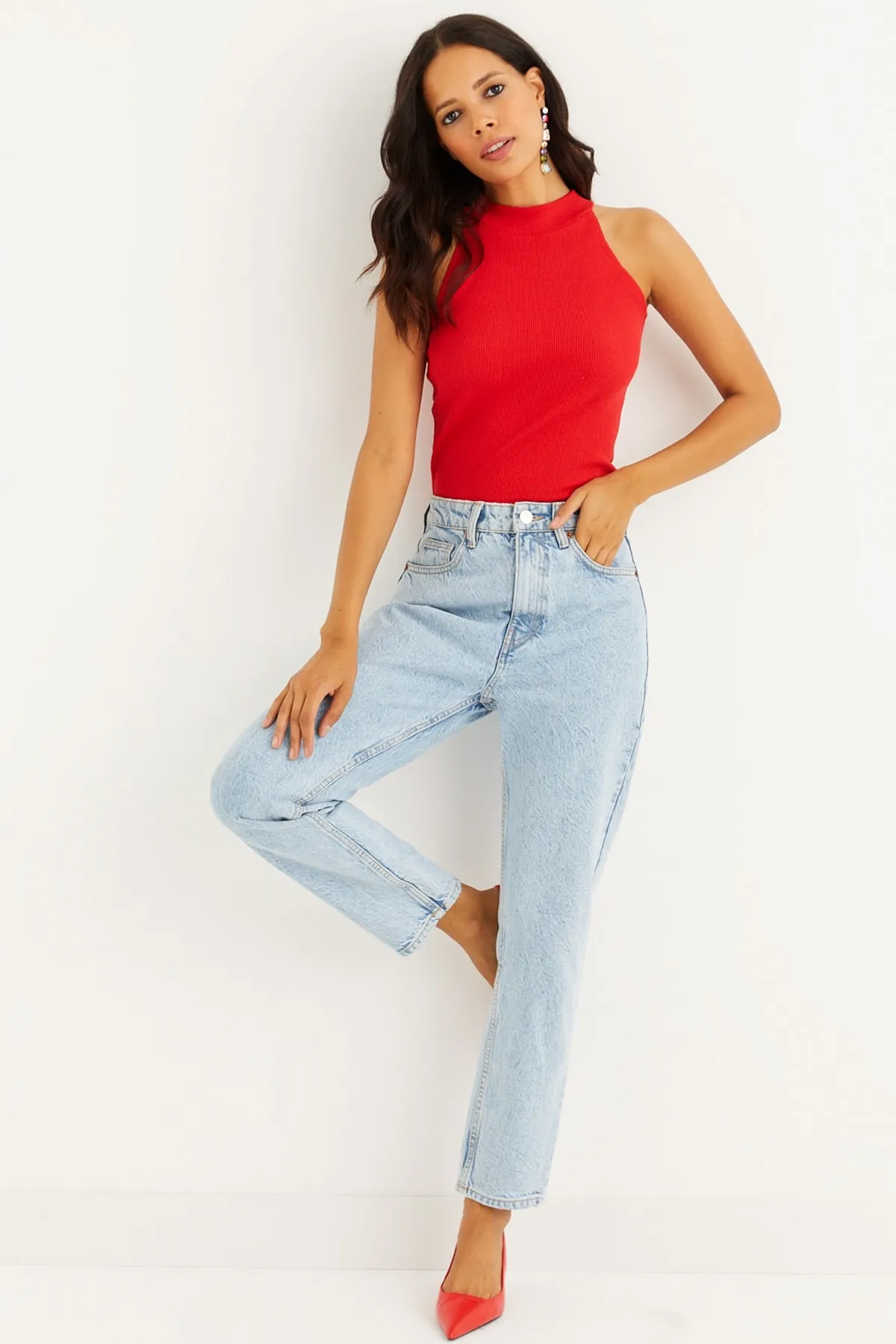 Cool & Sexy  Ärmellose Damenbluse mit rotem Leibchen Yİ1566