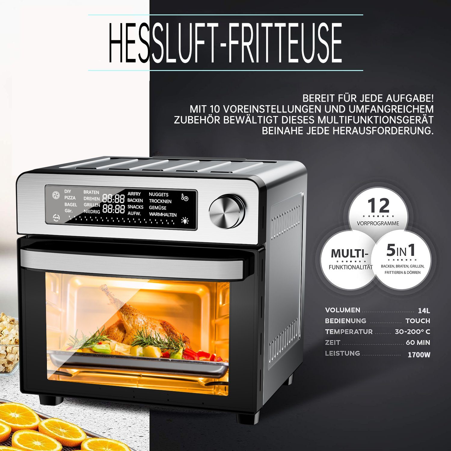 JOEAIS Heißluftfritteuse 14L XXL Ohne Öl Air Fryer 1700W Heizluft Fritteuse LED-Touchscreen, Airfryer Einstellbare Zeit/Temperaturregelung für Luftbraten, Braten