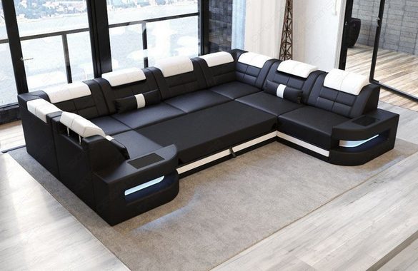 Sofa Dreams Wohnlandschaft Leder Ledercouch Sofa Como U Form Ledersofa, Couch, mit LED, wahlweise mit Bettfunktion als Schlafsofa, Designersofa